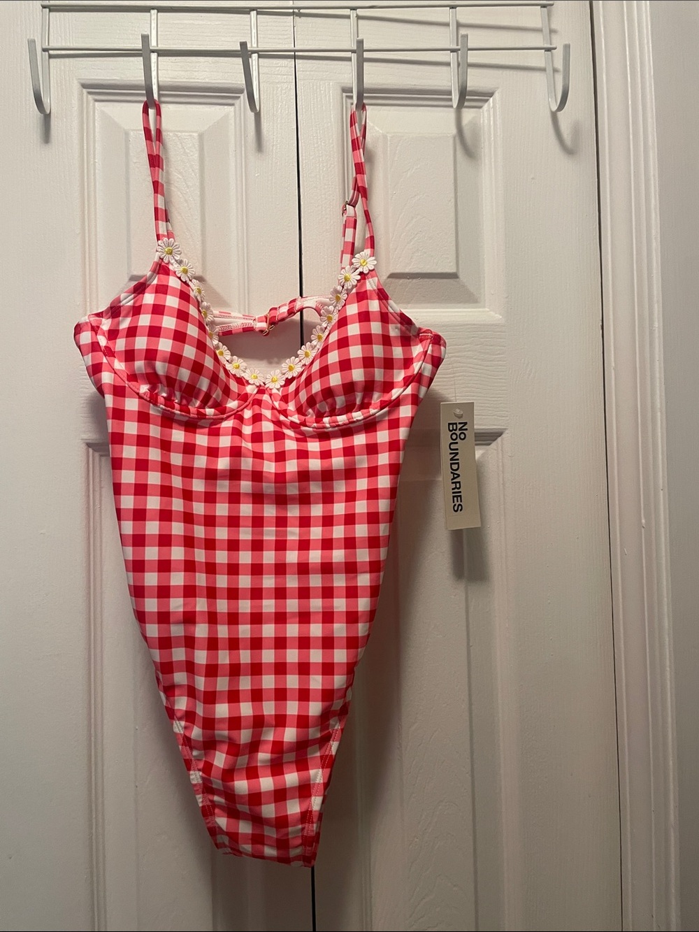 No Boundaries Red and White Gingham One-Piece Swimsuit with Daisy Trim